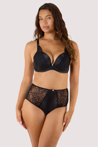 Model wears black lace high waisted Brief with matching black sheer plunge bra