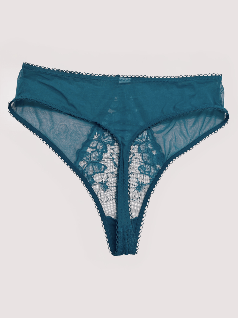 Mariposa Teal Butterfly Embroidery High Waist Thong - front