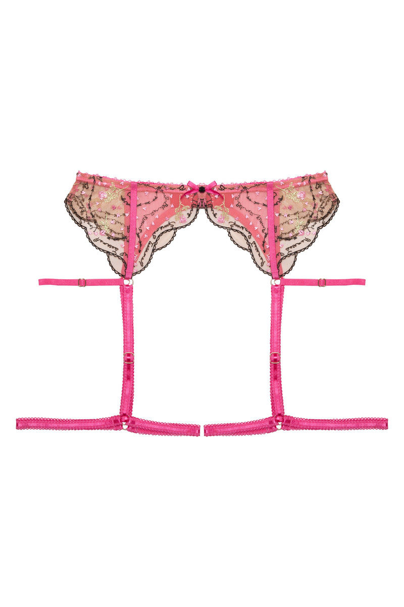 Spank Me Pink and Nude Custom Embroidery Suspender Belt