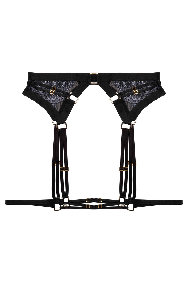 Black wet look lace suspender belt with thigh harness