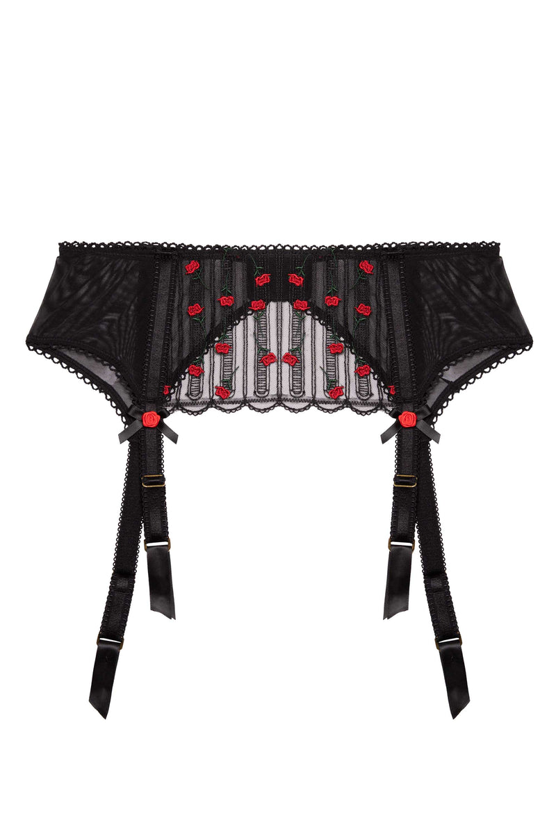 Elodie Black and Red Rosebud Embroidery Suspender Belt