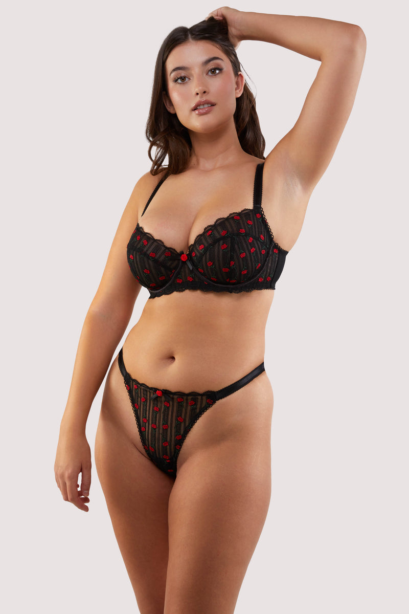 Elodie Black and Red Rosebud Embroidery Thong