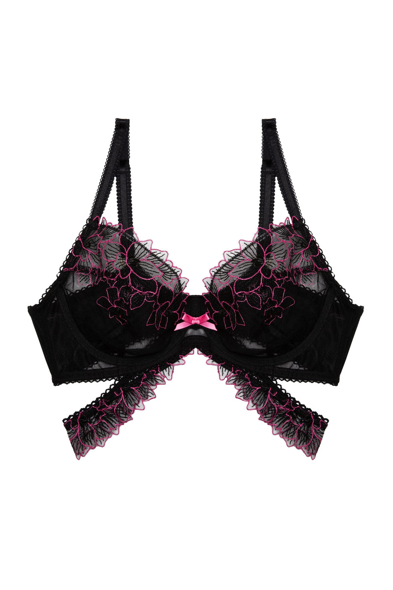 Eliza Black And Hot Pink Floral Embroidered Plunge Set