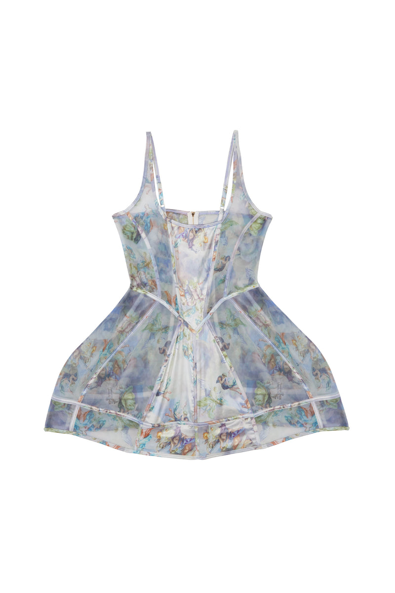 Romantic blue print sheer mesh mini dress with boned bodice, shoulder straps and tulip hem