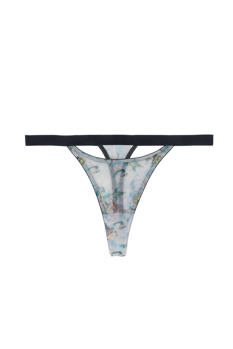 Renaissance printed sheer mesh thong with elastic waistband