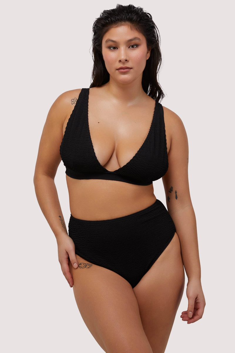 Black Textured High Waisted Bikini Bottom