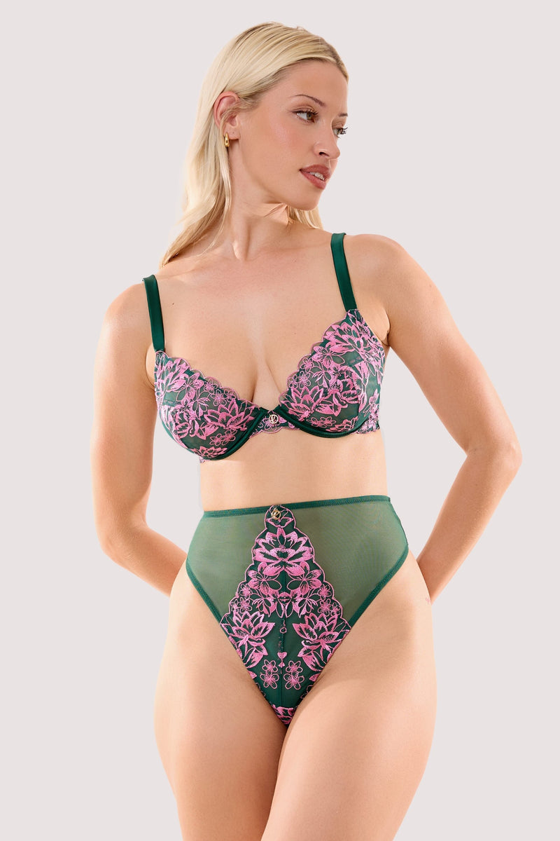 Model wears a ada blossom green & pink high waist thong with a matching bra.