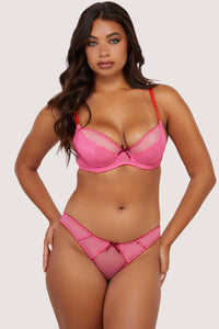 Model wearing Pink mesh bra and Brazilian brief set with burgundy trims