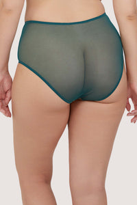 Model shows back of Teal Contrast Embroidery Brief featuring high-waisted design in sheer teal mesh with a flattering thong cut, showcasing the supportive fit and smooth finish