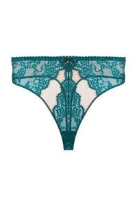 Teal eyelash lace high waist thong with velvet bow with pearl charm, picot trimmed waistband and nude mesh with teal eyelash lace panels.
