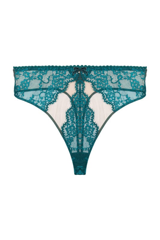 Teal eyelash lace high waist thong with velvet bow with pearl charm, picot trimmed waistband and nude mesh with teal eyelash lace panels.