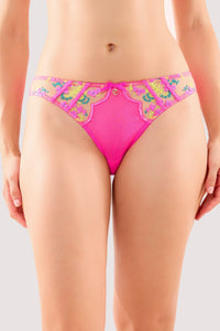 Model wears a thea neon pink baroque embroidery brief with cotton gusset and low rise, full brief style.