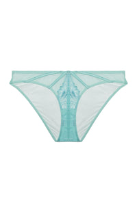 Aqua Sheer high-leg brief in aqua mesh, featuring delicate floral embroidery, satin strap detailing, and a soft cotton gusset for comfort and style.