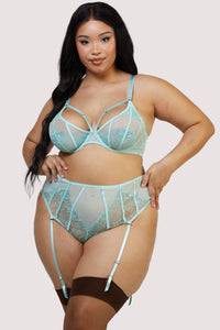 Valerie Aqua Embroidery & Mesh High Waist Suspender Thong