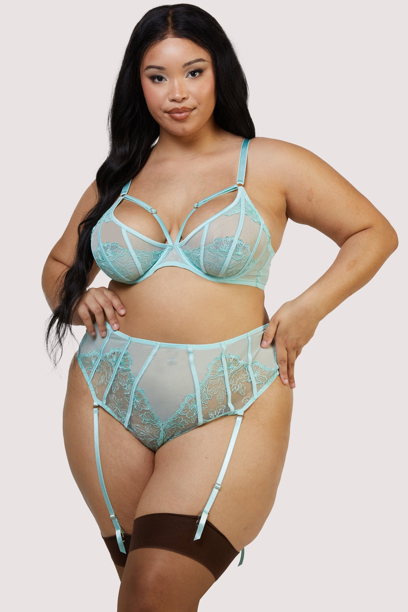 Valerie Aqua Embroidery & Mesh High Waist Suspender Thong