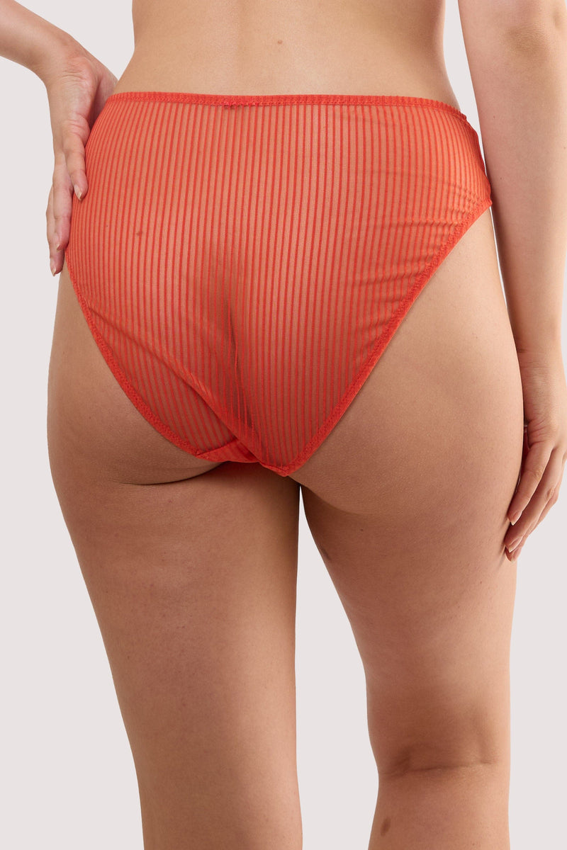 Model shows the back of a veronica red microstripe hipster brief as a full-brief back.
