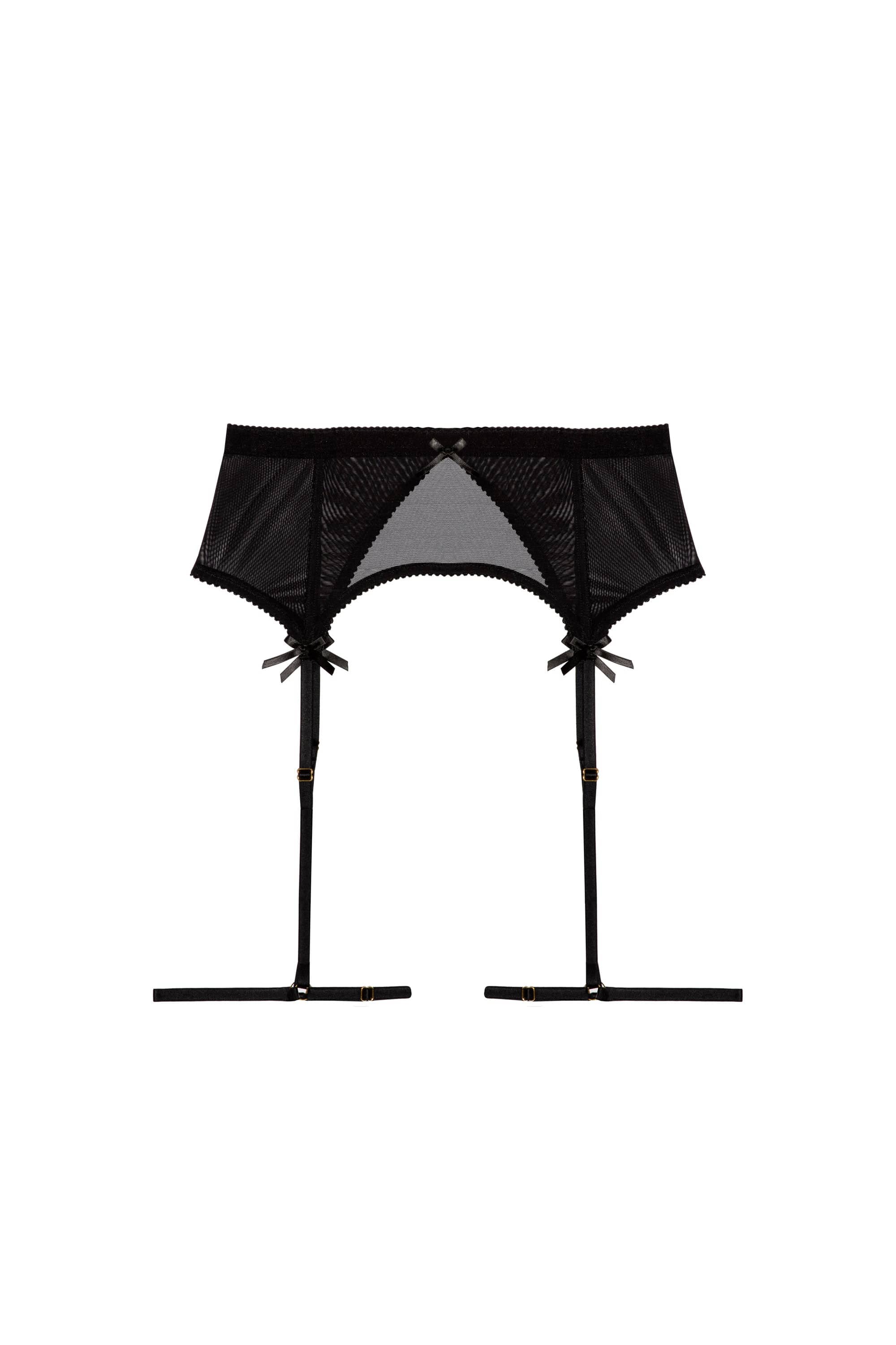 black mesh suspender belt set with adjustable thigh straps and satin bow accents