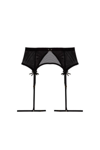 black mesh suspender belt set with adjustable thigh straps and satin bow accents