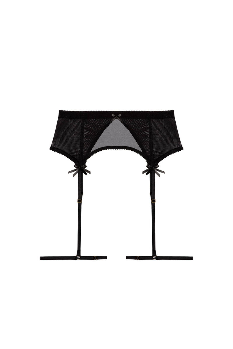 black mesh suspender belt set with adjustable thigh straps and satin bow accents