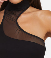 Model shows close-up of black asymmetric bodysuit showcasing sheer mesh detailing and high neck design