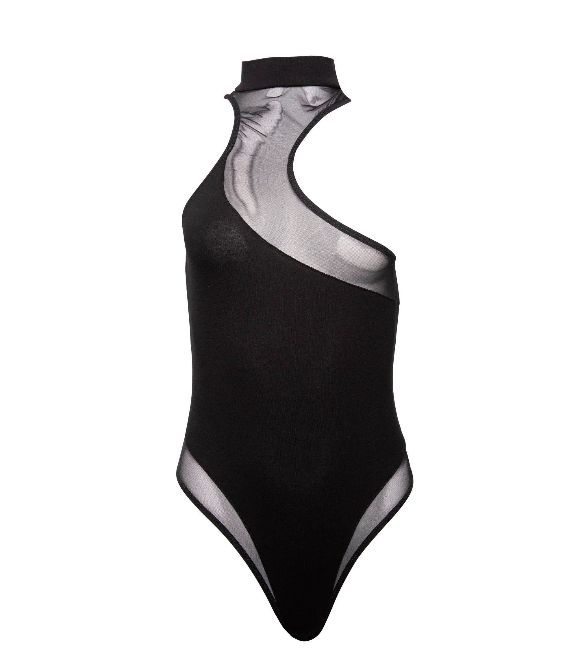 Black asymmetric mesh and jersey thong bodysuit with high neck design