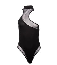 Black asymmetric mesh and jersey thong bodysuit with high neck design