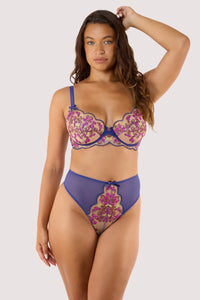 Model wears Baroque Embroidery Bra & High Waist Thong Set in Nude Mesh & Blue Satin