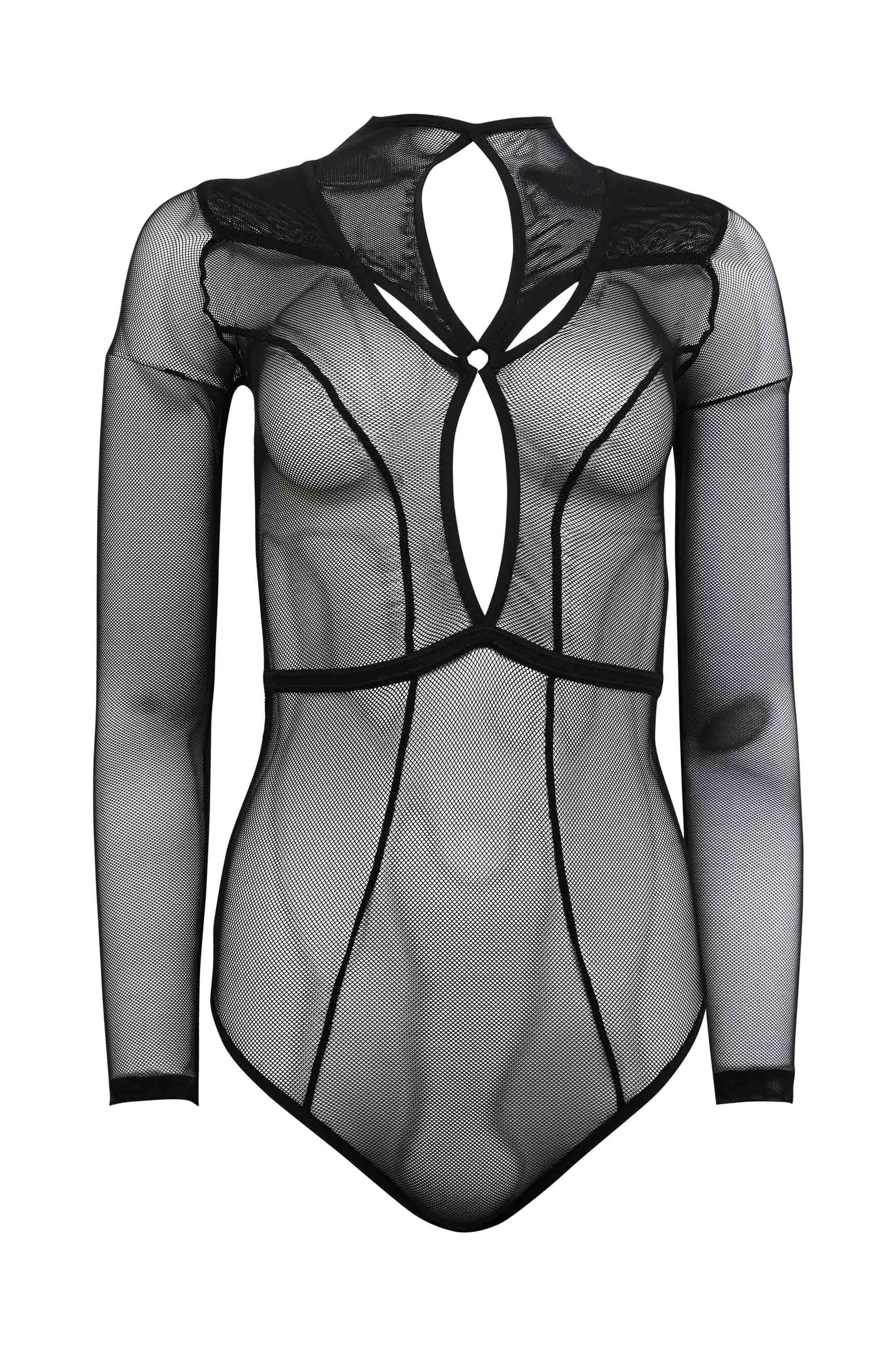 Model wears Black Micro Fishnet Body featuring underwired plunge cups, gold hardware, and intricate harness strap details.