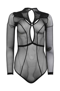 Model wears Black Micro Fishnet Body featuring underwired plunge cups, gold hardware, and intricate harness strap details.