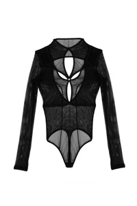 Black long sleeve mesh bodysuit with front cut-out design
