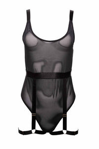Black thick strap bodysuit with a semi sheer supportive mesh and adjustable thigh harness suspender.