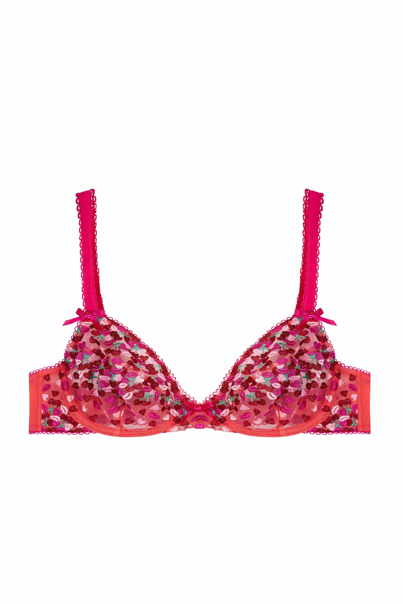 Cherry Embroidery Coral Plunge Bra