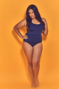 Wolf & Whistle Navy Belted Plunge Swimsuit Curve