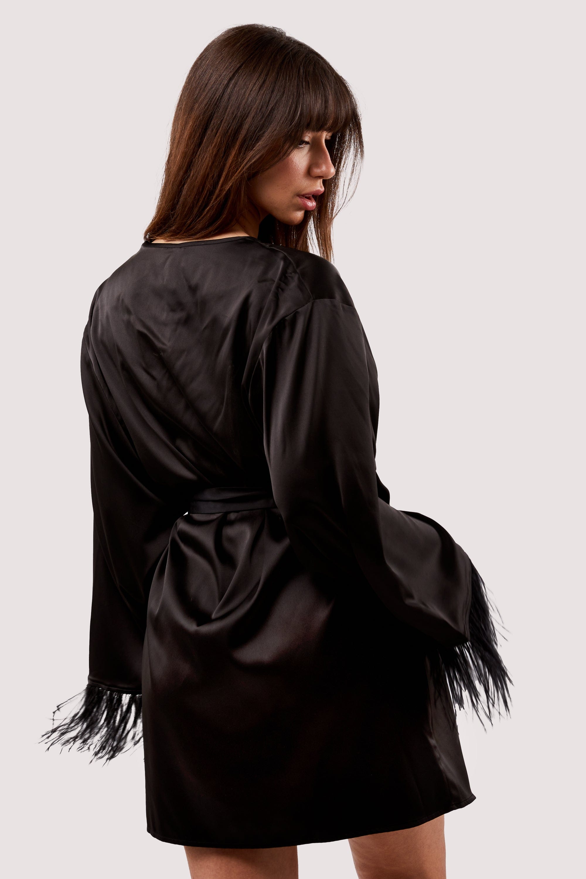 Sirus Black Satin And Feather Kimono
