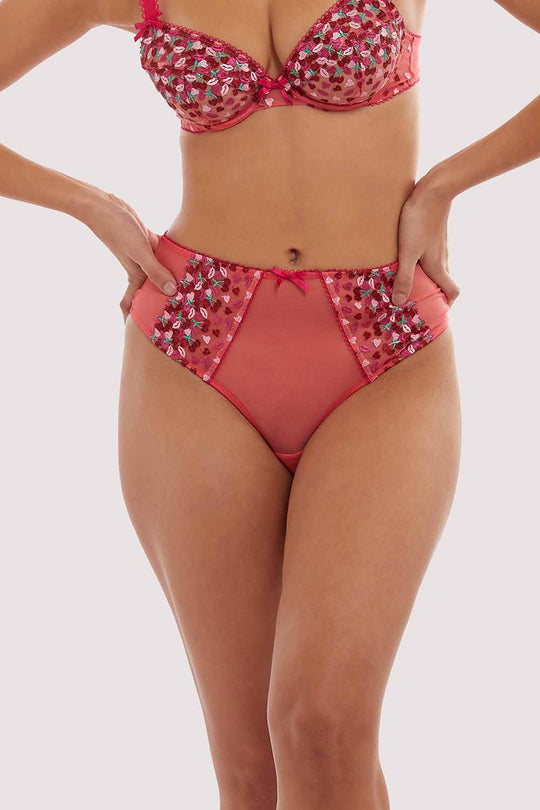 Cherry Embroidery Coral Highwaisted Thong
