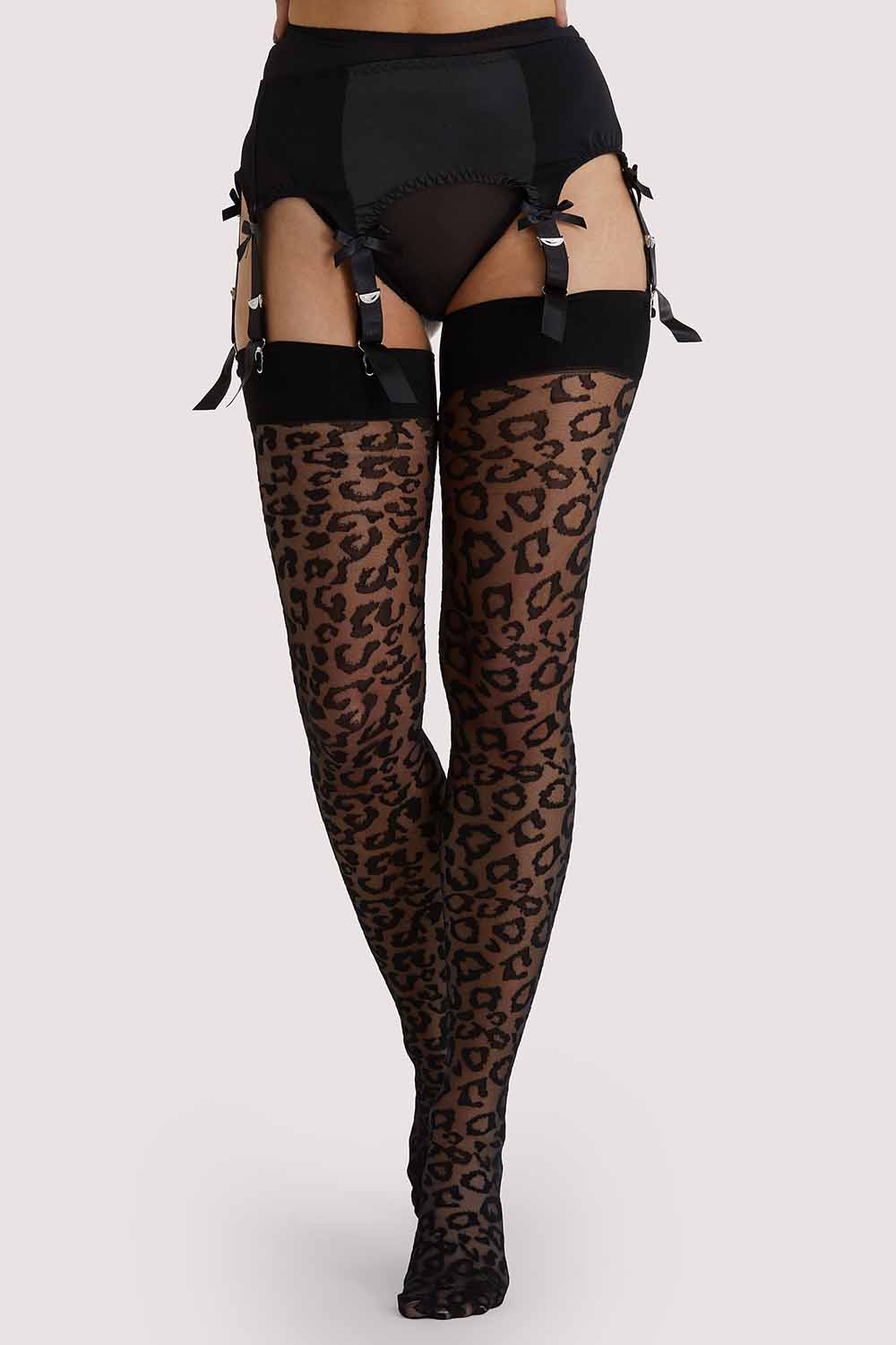 Bettie Page Leopard Knit Stockings - Black/Black AUS 8 - 22