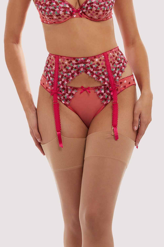 Cherry Embroidery Coral Suspender Belt