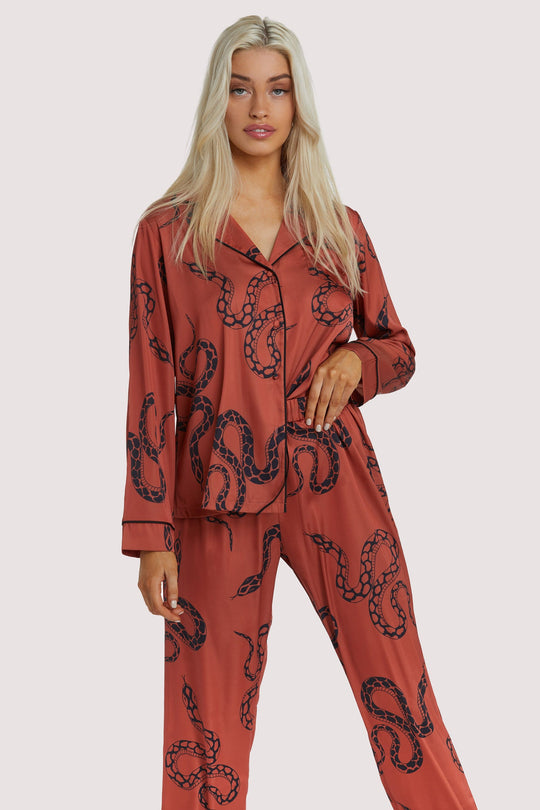 Rust Snake Print Satin Pyjama Set
