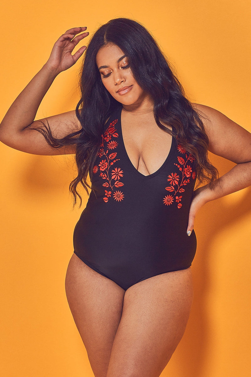Wolf & Whistle Embroidered Plunge Swimsuit Curve