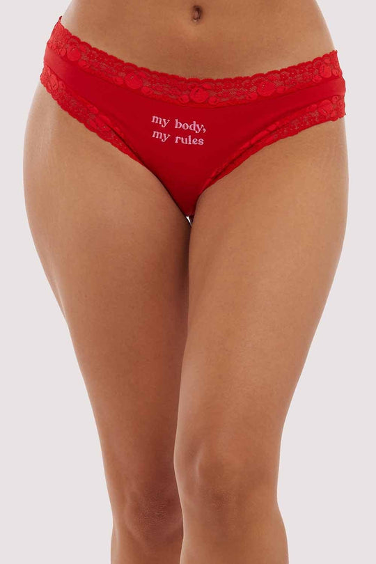 My Body, My Rules Red Embroidered Brief
