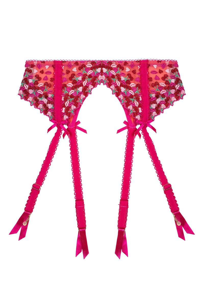 Cherry Embroidery Coral Suspender Belt