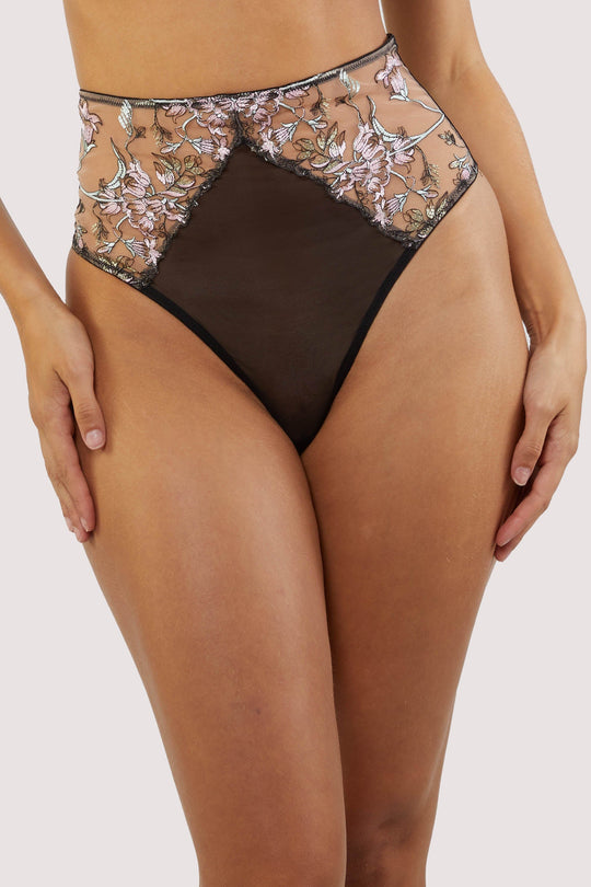 Mayla Black Floral Embroidered High Waisted Thong