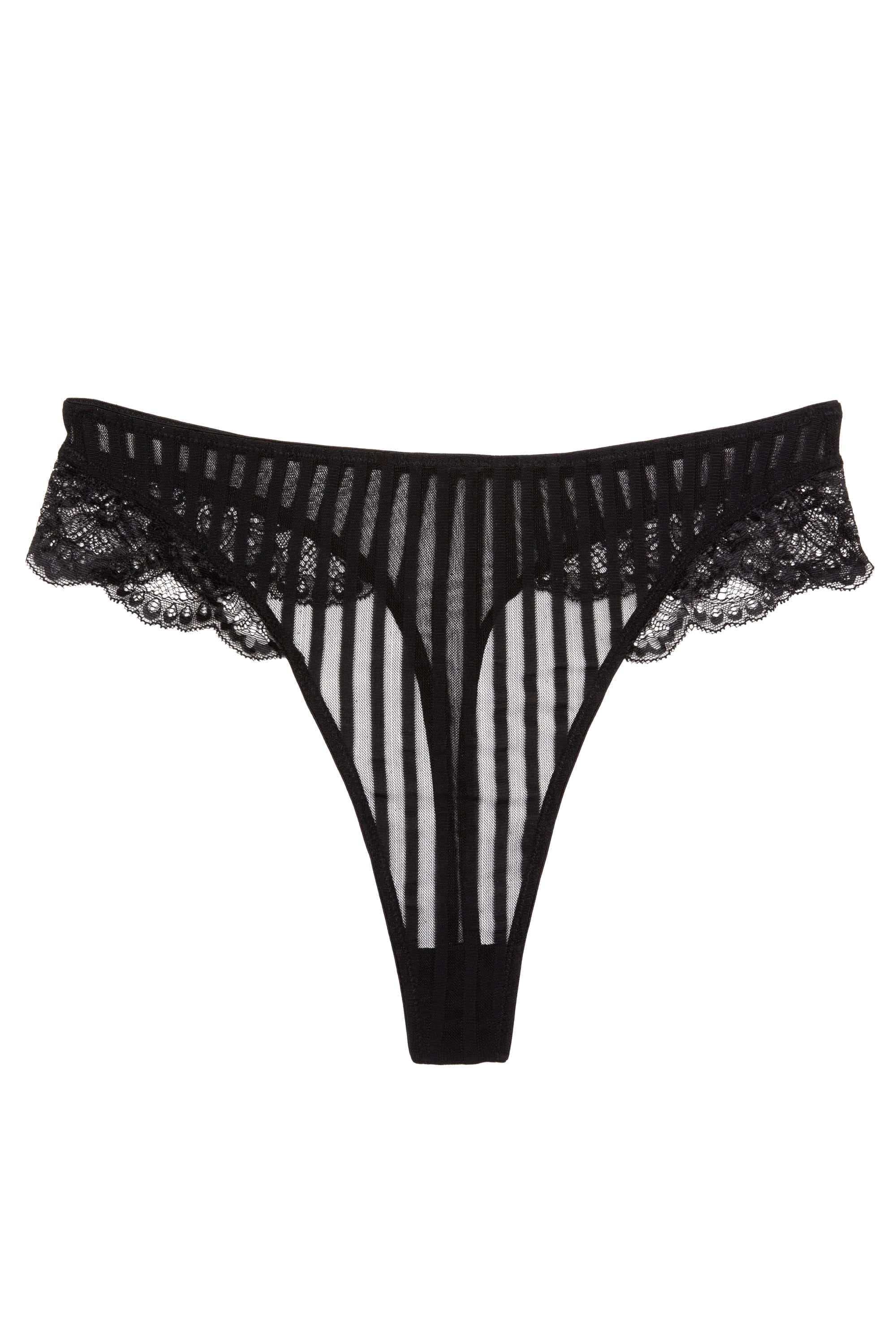 Saretta Black Stripe Mesh and Lace High Waist Thong