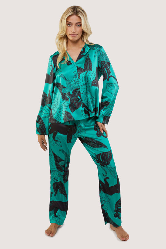 Green Panther Print Satin Pyjama Set