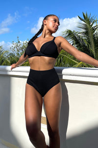 Black Textured High Waisted Bikini Bottom