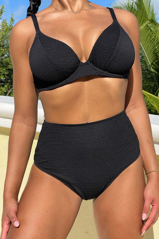 Black Textured Wired Plunge Bikini Top
