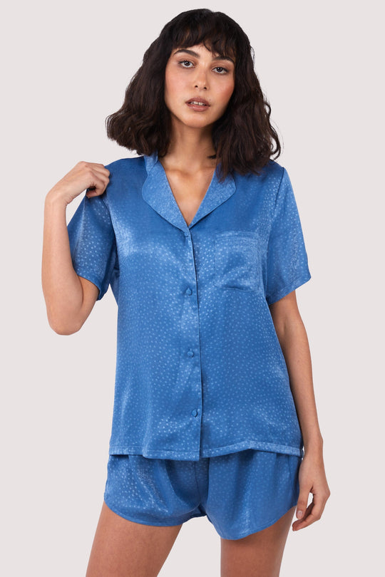 Blue Jacquard Pyjama Top & Shorts Set