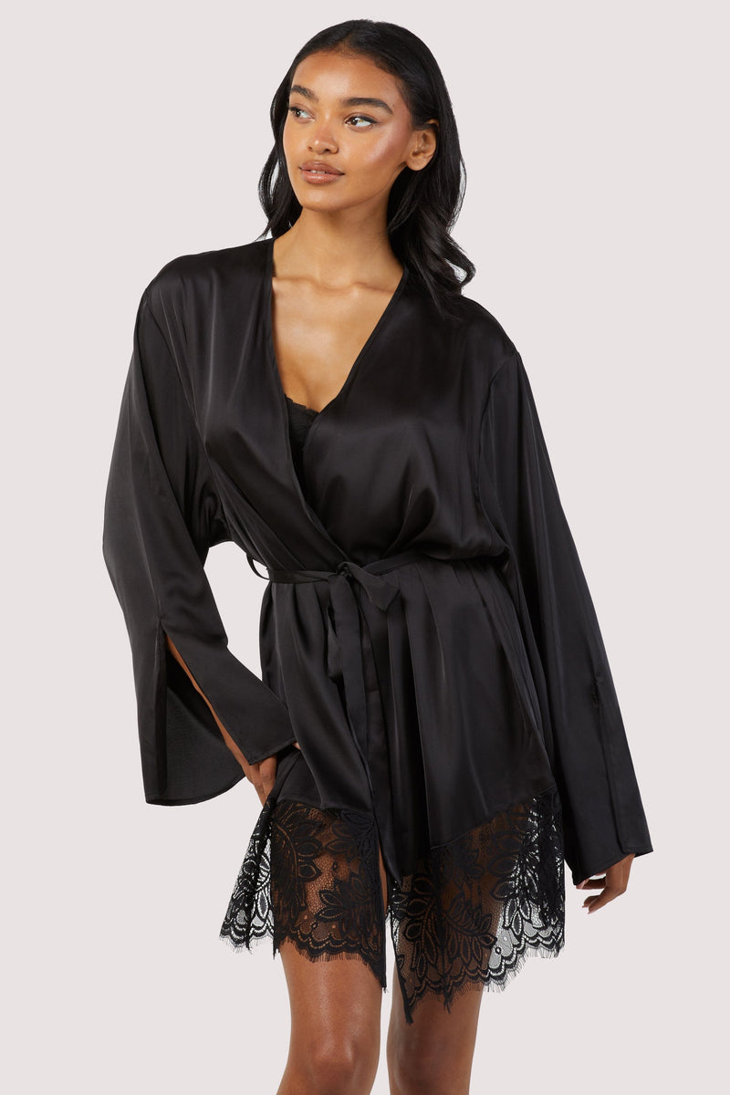 Rosie Black Satin and Lace Robe – Playful Promises Australia